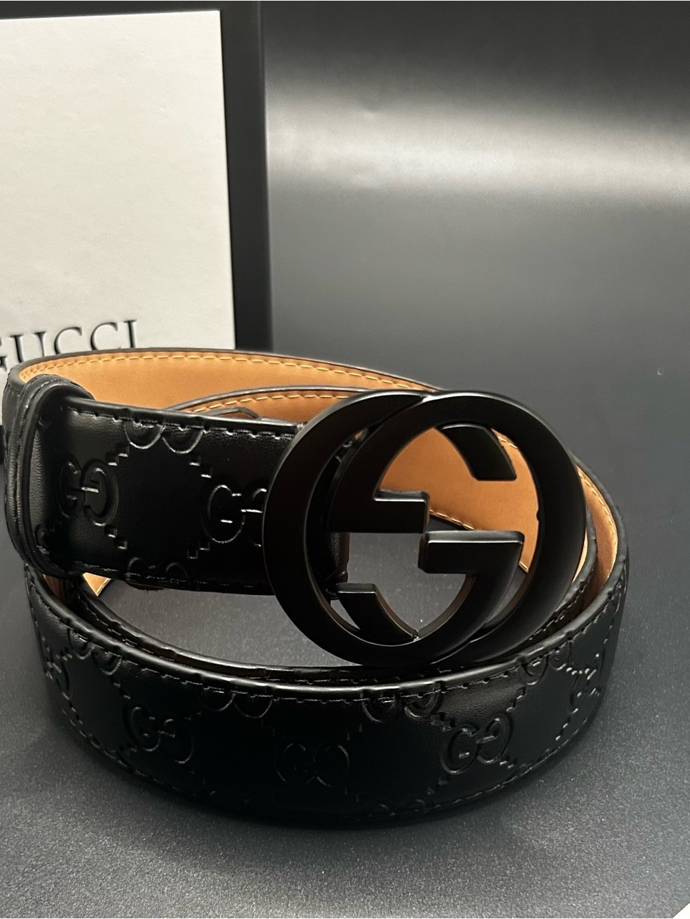 Gucci Black Embossed GG Leather Belt with Black Interlocking G Buckle